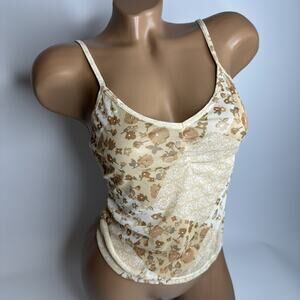 Y2K Sheer Floral Mesh Cami Top XS Beige Patchwork Ruched Fairy Cottage Coquette